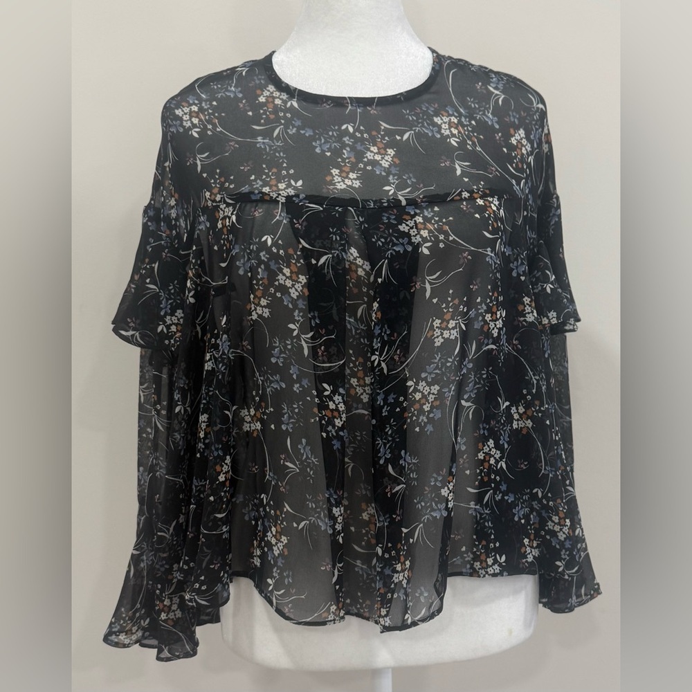 Zara Woman Top Blouse Black Floral Medium Sheer Bell Sleeves 4 Button Open Back